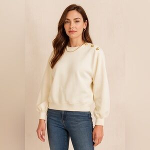 J.Crew Ivory Button Shoulder Sweatshirt Gold Button Detail Crewneck Cozy Chic XS